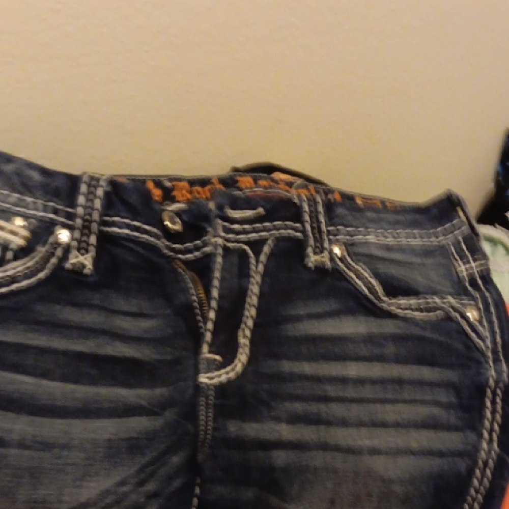 Rock Revival Dark Blue Boot Cut Jeans with Gold Embellishments - Picture 2 of 4